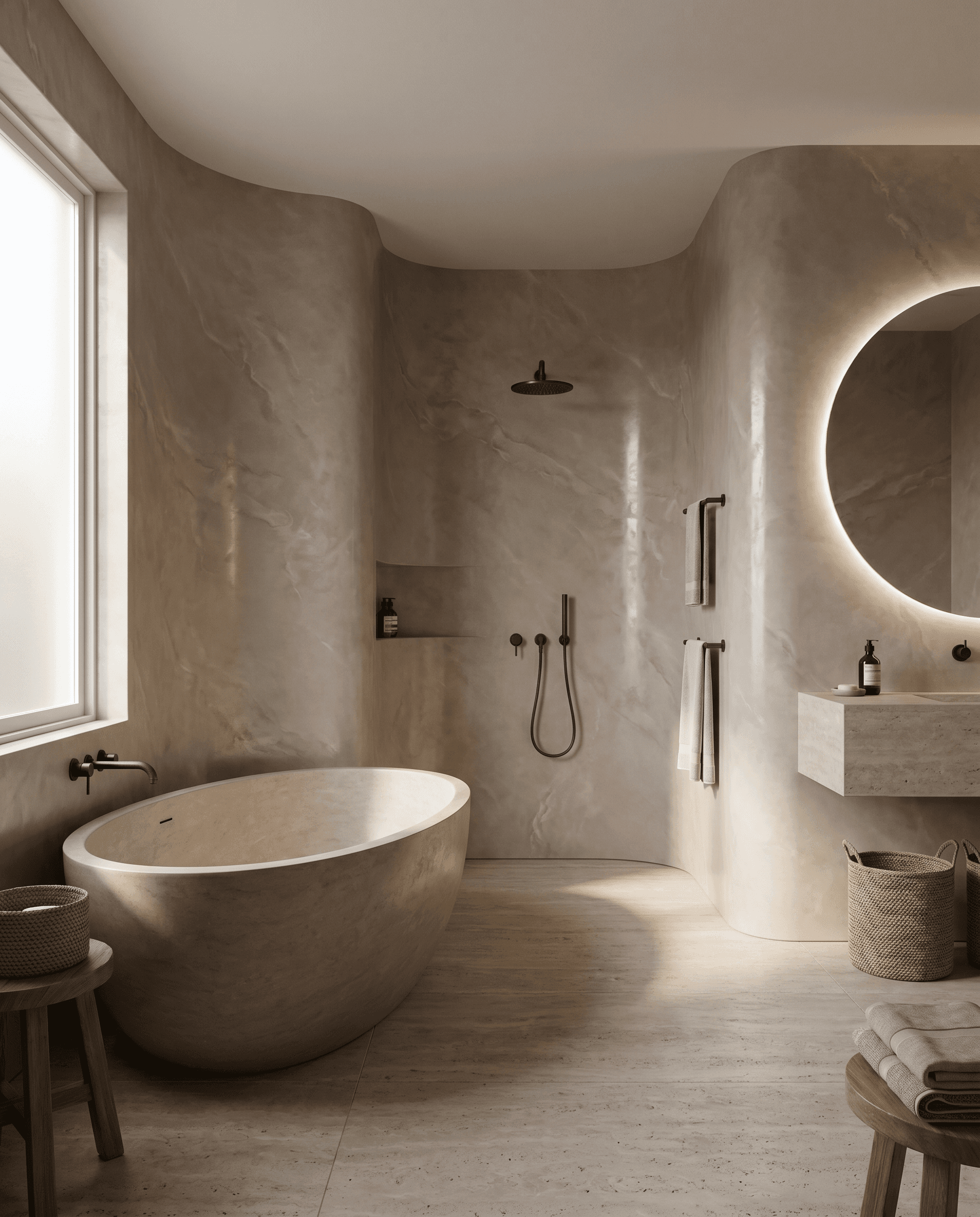 Luxury bathroom with seamless waterproof Venetian plaster walls in warm taupe stone, freestanding bath and matte black fixtures — no tiles or grout