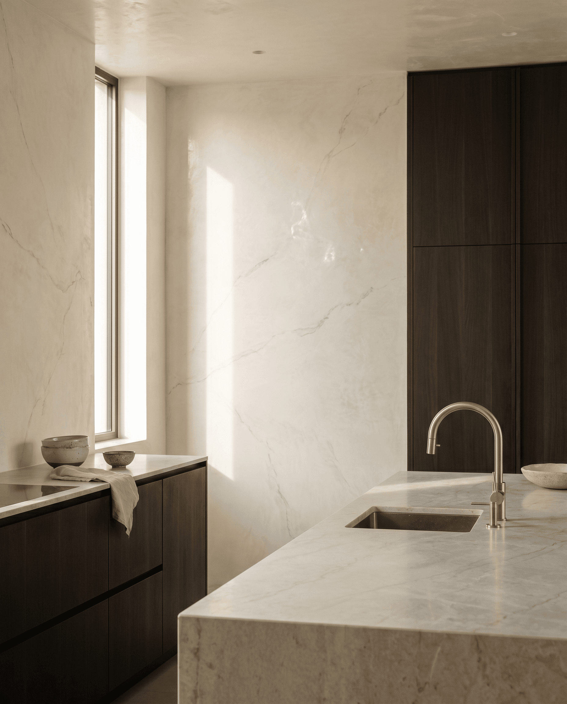 Luxury kitchen with seamless hand-applied Venetian Marmorino plaster walls in warm off-white stone, brushed brass tapware and natural light