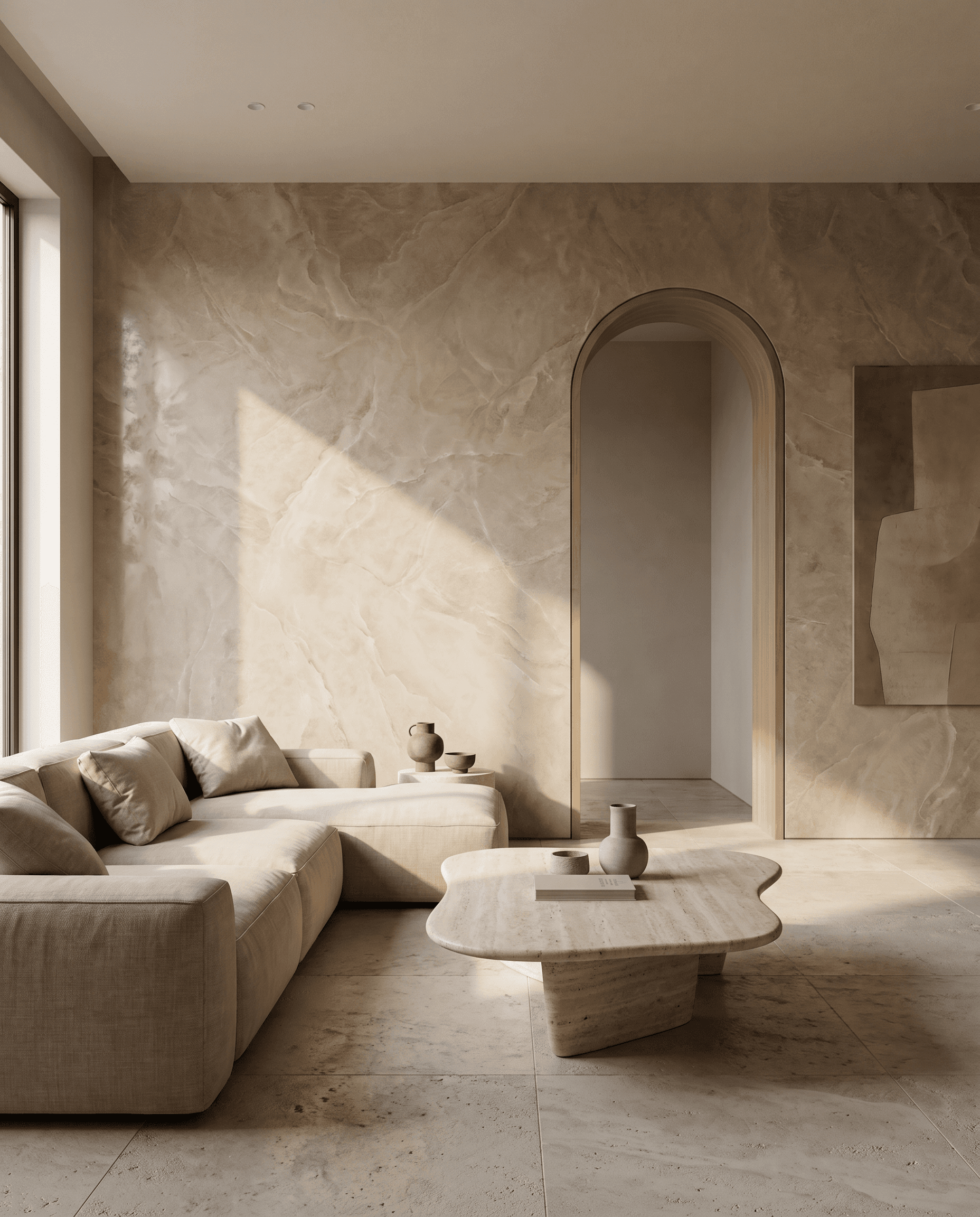 Minimalist living room with a polished Venetian plaster feature wall in warm stone tone catching soft afternoon light