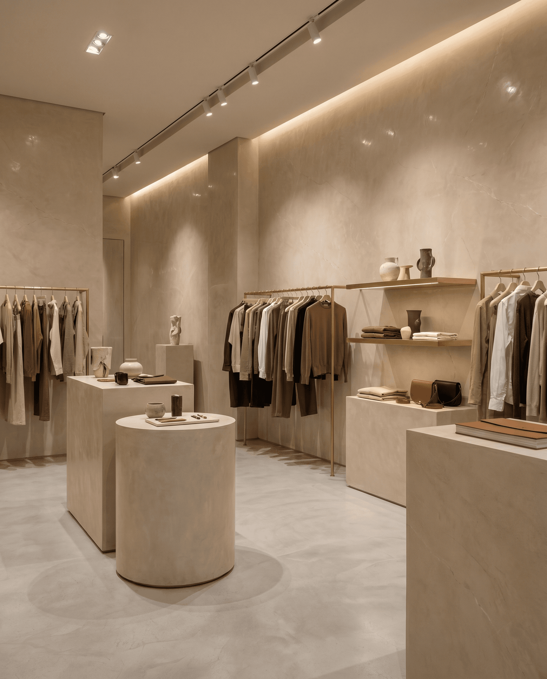 High-end boutique retail interior with Venetian Marmorino plaster walls in warm stone beige and minimalist display plinths